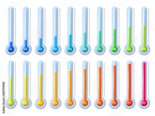 Thermometer animation. Temperature percentage scale, goal success infographic and process meter from low cold to high hot gauge vector illustration set