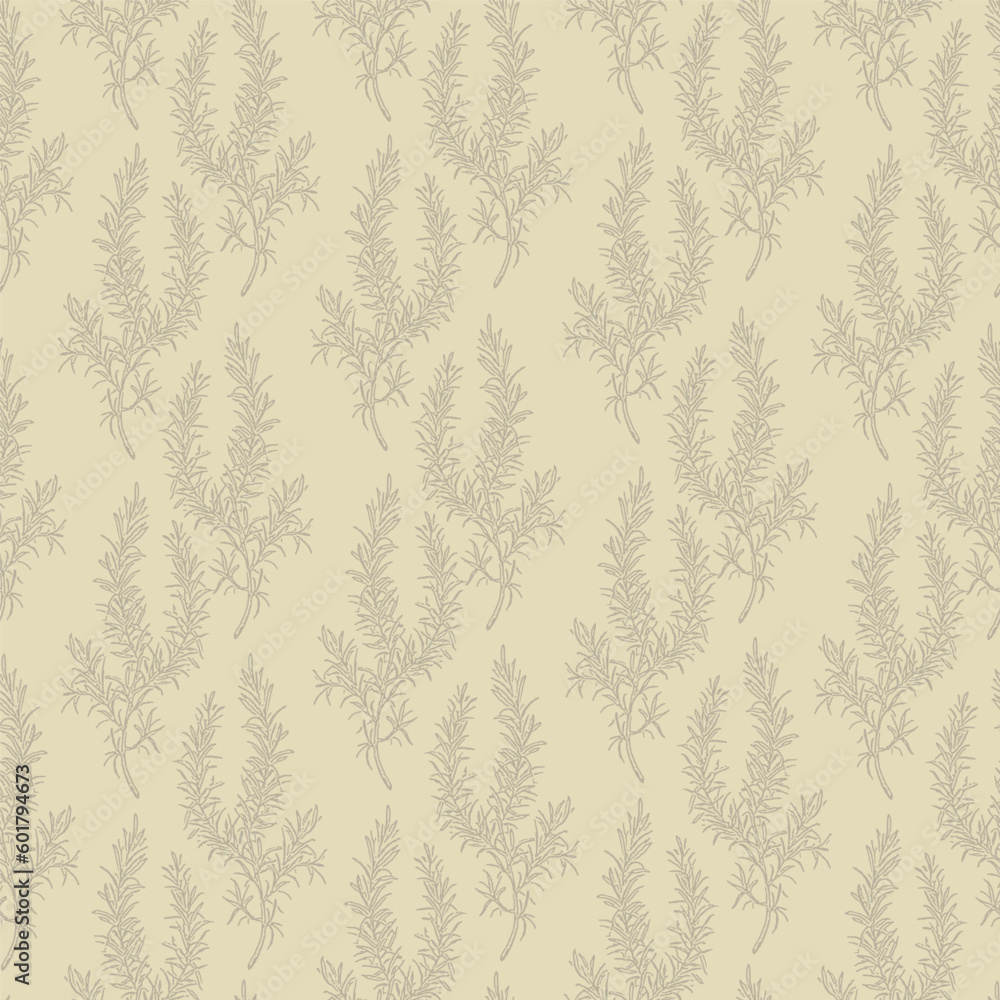 Herbal seamless ink pattern with rosemary on beige background. Herbal seamless ink pattern with rosemary on beige background.