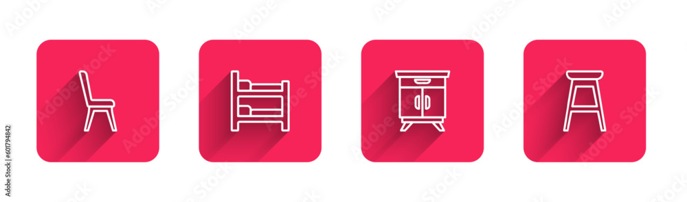 Set line Chair, Bunk bed, Furniture nightstand and with long shadow. Red square button. Vector Set line Chair, Bunk bed, Furniture nightstand and with long shadow. Red square button. Vector