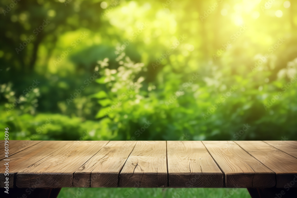 Empty wooden table in natural green garden outdoor, Generative AI Empty wooden table in natural green garden outdoor, Generative AI