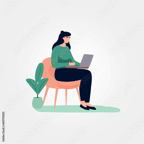 vector, beautiful woman working on notebook