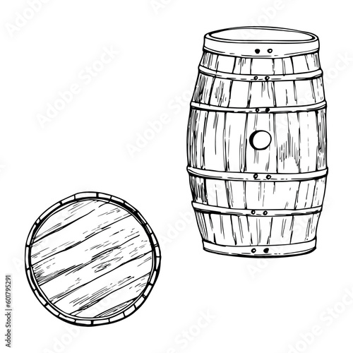 Ink hand drawn vector sketch of isolated object. Wooden barrel side and top view for storing liquor whisky whiskey sherry beer. Design for tourism, travel, brochure, guide, print, card, tattoo, menu. © Elena