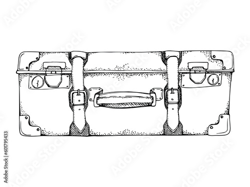 Ink hand drawn vector graphic sketch, silhouette of isolated object. Old vintage retro leather suitcase luggage baggage. Design for tourism, travel, brochure, wedding, guide, print, card, tattoo.