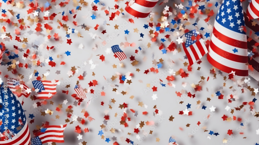 Obraz premium Happy Presidents Day banner mockup with American flags, confetti and ribbon. USA Independence Day, American Labor day, Memorial Day, US election concept, Generative AI