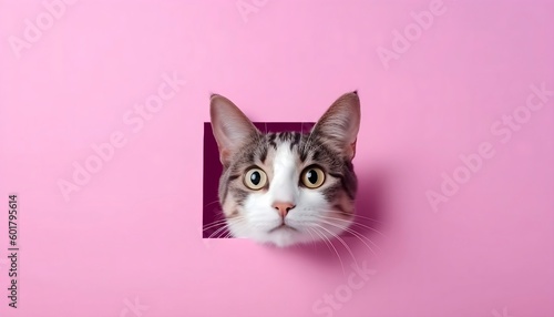 An Expressive Portrait of a Surprised Cat Peering from a Square Hole, Generative AI