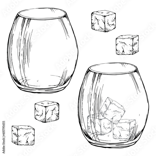 Ink hand drawn vector sketch of isolated object. Scotch whisky whiskey empty glass with rocks. Scottish symbol drink Design for tourism, travel, brochure, guide, print, restaurant menu, card, tattoo.