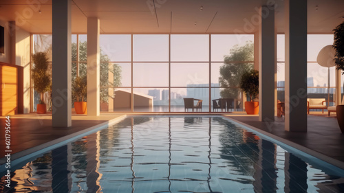interior design of modern apartment with swimming pool, Generative AI