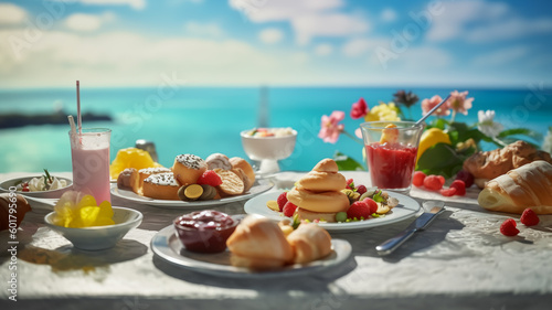 Luxury breakfast food on white table, with beautiful tropical sea view background, morning time summer holiday and romantic vacation concept, luxury travel and lifestyle. Generative AI