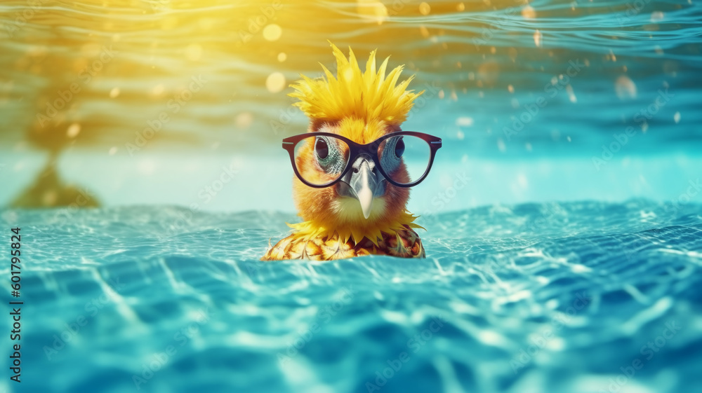 pineapple with sunglasses on tropical sea summer background.jpg, pineapple with sunglasses on tropical sea summer background, Generative AI