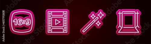 Set line Photo frame 16, Camera film roll cartridge, retouching and Empty photo studio. Glowing neon icon. Vector