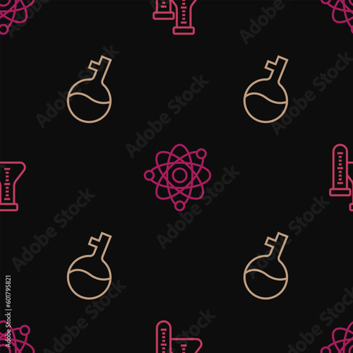 Set line Test tube, and Atom on seamless pattern. Vector