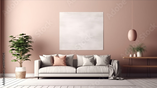 Scandi interior design with beige sofa,wooden boho table and carpet in modern coastal living room. Frame wall mock-up. 3d render. High-quality 3d illustration, Generative AI
