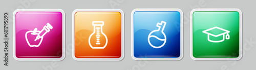 Set line Genetically modified apple, Test tube, and Graduation cap. Colorful square button. Vector