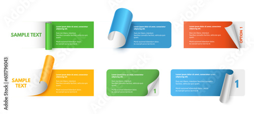Infographic banner with peeling sticker. Listed badge with curled corner, offer option list frames and color peel off and look stickers vector set