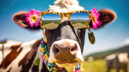Specs and Spots: A Playful Cow in Stylish Eyewear. Generative AI