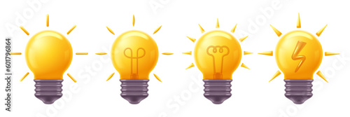 Light bulb 3D icons. Shiny bright idea or innovative solution symbol, electric energy and yellow bulbs vector set