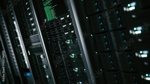 Server cabinets close up. Supercomputer in server room. Server room flashing lights
