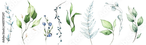 Watercolor floral set of green leaves, greenery, branches, twigs etc. Cut out hand drawn PNG illustration on transparent background. Watercolour clipart drawing.