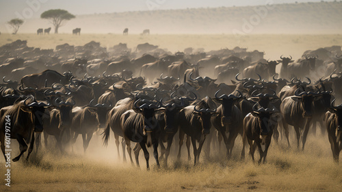 Great Migration: A Massive Herd of Wildebeest on the Move, generative AI
