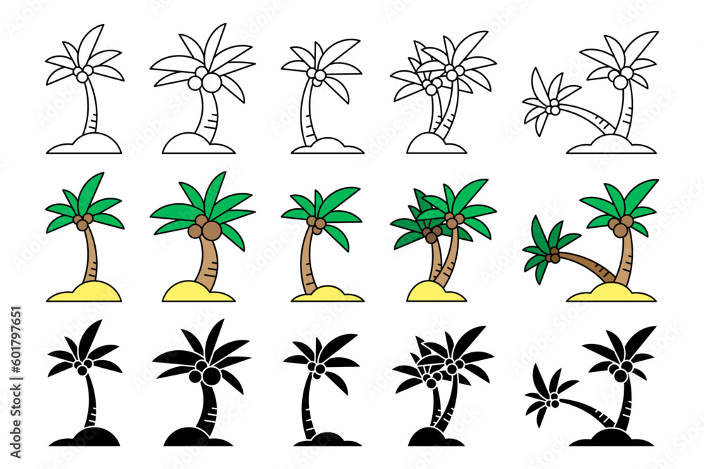 Cartoon palm trees. Palm trees icon set. Vector illustration isolated on white background.