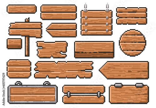 Pixel art wooden signs. Old road guidepost pointer, 8 bit wood style banner and app interface frames vector template set