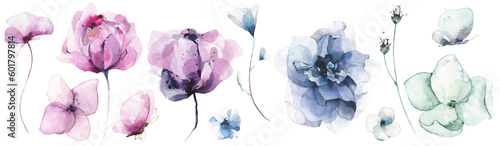 Watercolor floral set of blue, violet, pink poppy, rose, peony, lotus, wild flowers, butterfly. Cut out hand drawn PNG illustration on transparent background. Watercolour clipart drawing.