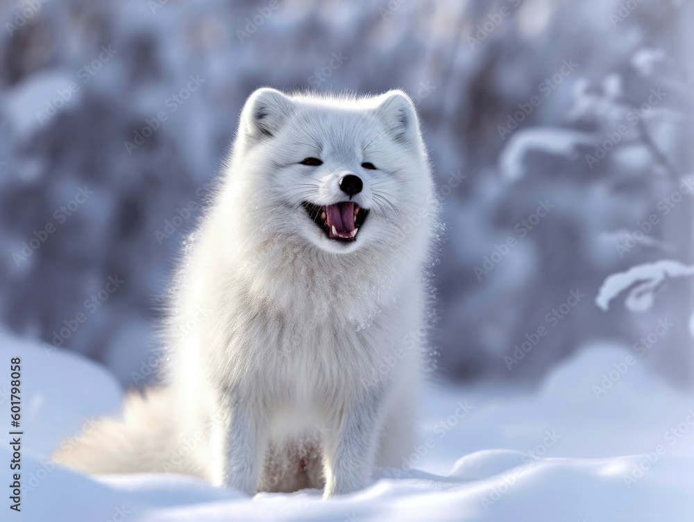Happy and funny arctic fox in winter