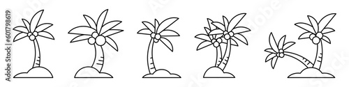 Cartoon palm trees. Palm trees line icon set. Vector illustration isolated on white background.