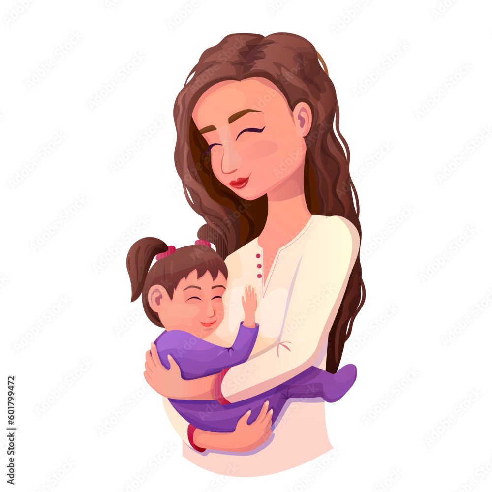 Mother with daughter, cute hug characters, mothers day in cartoon style isolated on white background. Childcare, sweet baby. Mother with daughter, cute hug characters, mothers day in cartoon style isolated on white background. Childcare, sweet baby.