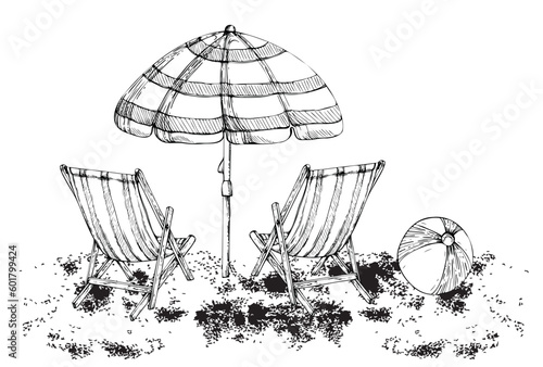 Hand drawn vector ink composition. Striped beach accessories, umbrellas and chairs on sand. Isolated on white background. Design wall art, wedding, print, fabric, cover, card, tourism, travel booklet.