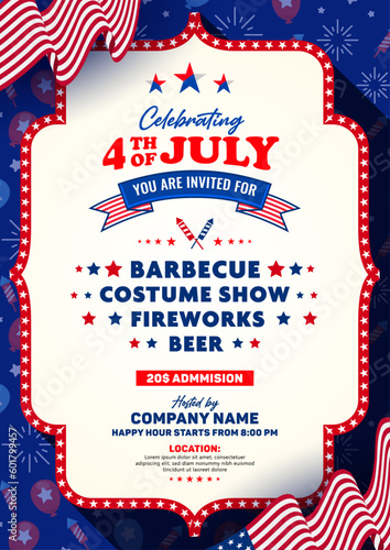 4th of july invitation, poster, banner, flyer, banner template with list of sample evening show lists. Decoration with usa waving flag, balloons, bunting, firework, etc. Vector A4 design. 