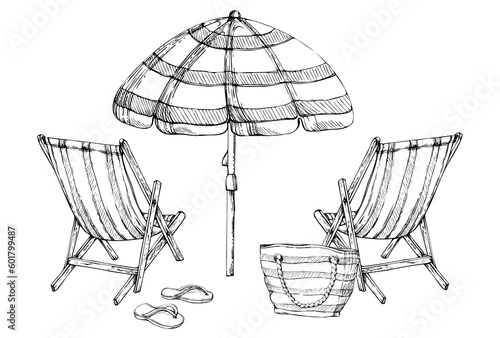 Hand drawn vector ink composition. Striped beach accessories, umbrellas and chairs on sand. Isolated on white background. Design wall art, wedding, print, fabric, cover, card, tourism, travel booklet.