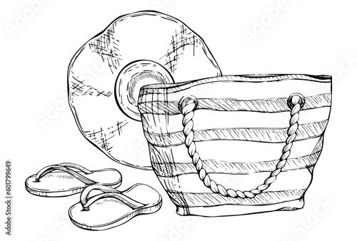 Hand drawn vector ink composition. Striped beach bag, straw sun hat, pair of flip-flops. Isolated on white background. Design wall art, wedding, print, fabric, cover, card, tourism, travel booklet.
