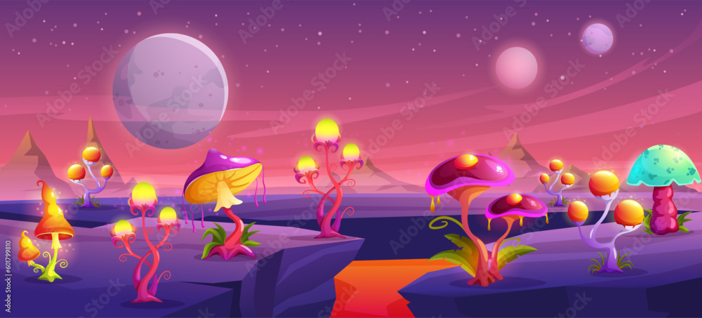 Fantasy mushroom planet surface. Alien forest, magic space fungus world and giant mushrooms land cartoon vector panoramic background illustration