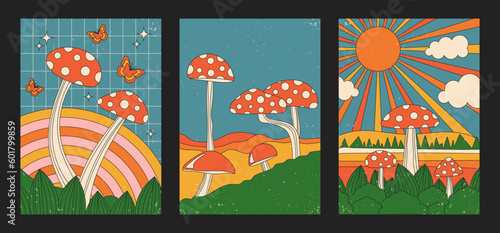 Retro landscape posters with landscaping, sun and mushrooms. Can be used as vintage stylish flyers, wallpapers, postcards, posters. Stylish vector illustration using trendy color palette.