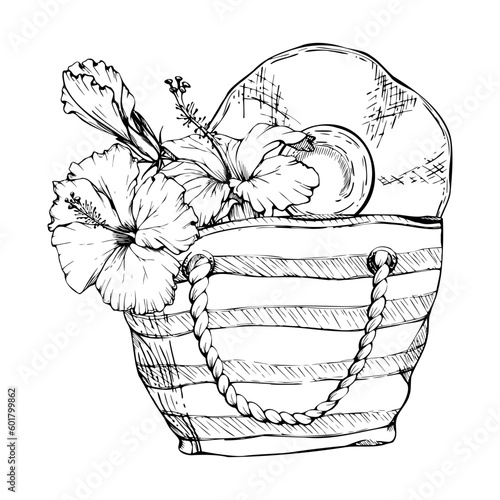 Hand drawn vector ink composition. Striped beach bag, straw sun hat, exotic hibiscus flower Isolated on white background. Design wall art, wedding, print, fabric, cover, card, tourism, travel booklet.