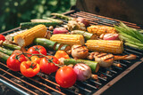 Various vegetables are baked onbarbecue grill on grill, outdoors, selective focus. May holidays, of vegetarian vegetable barbecue Generative AI