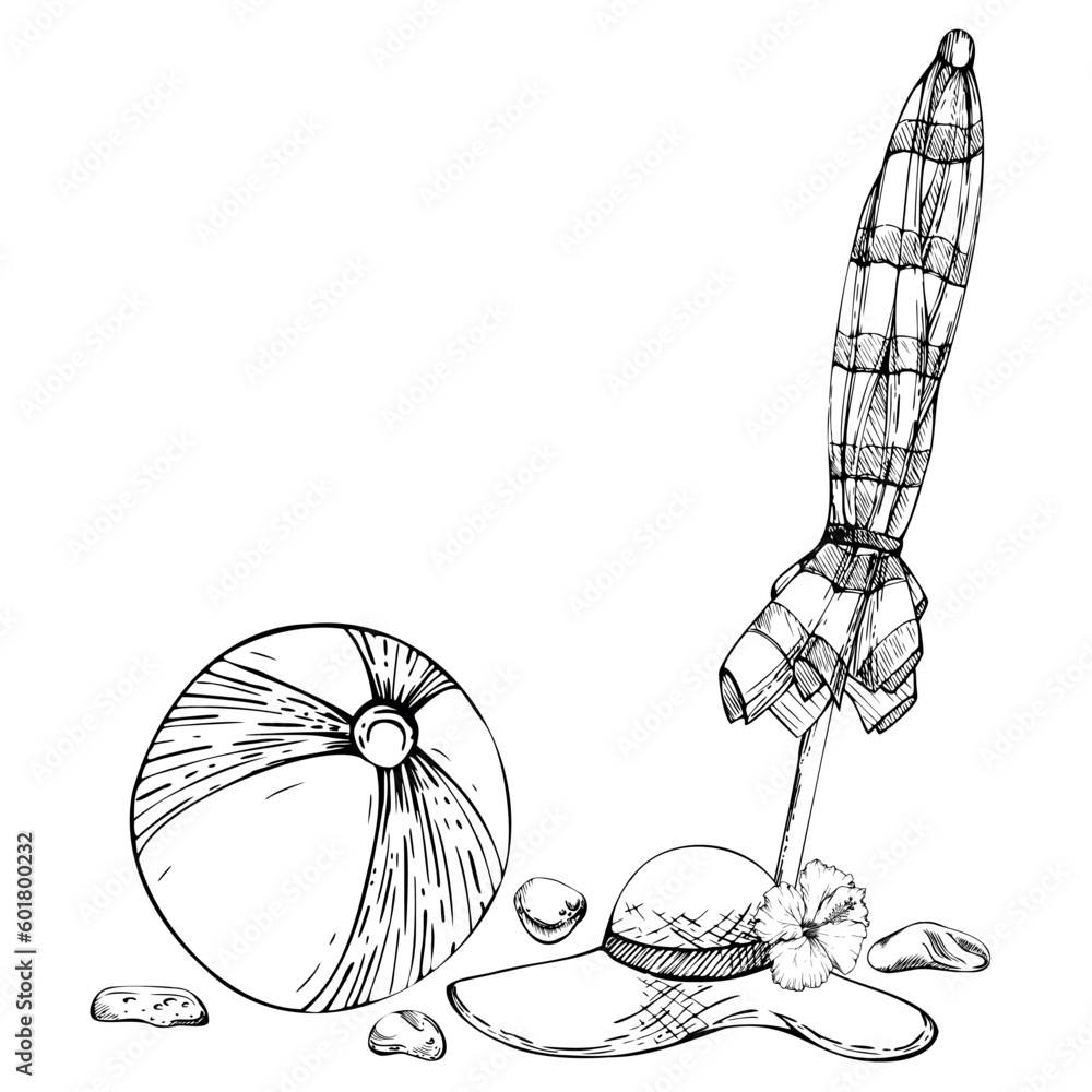 Hand drawn vector ink composition Seascape with beach accessories, umbrella hat striped ball Isolated on white background Design wall art, wedding, print, fabric, cover, card, tourism, travel booklet. Hand drawn vector ink composition Seascape with beach accessories, umbrella hat striped ball Isolated on white background Design wall art, wedding, print, fabric, cover, card, tourism, travel booklet.