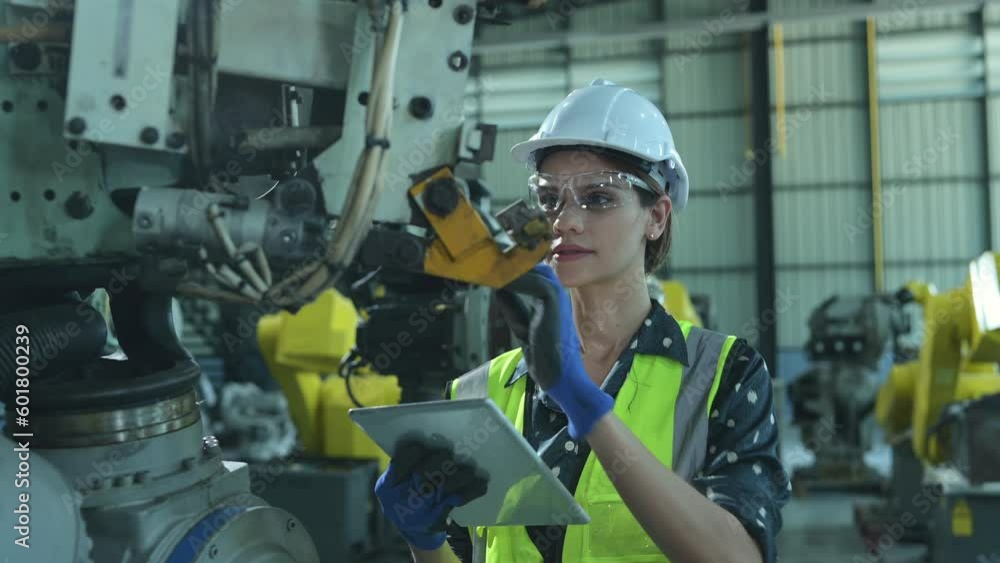 A female engineer installs a program on a robotics arm in a robot warehouse. And test the operation before sending the machine to the customer. A female engineer installs a program on a robotics arm in a robot warehouse. And test the operation before sending the machine to the customer.