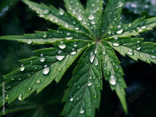 leaves and flowers of marijuana with water drops