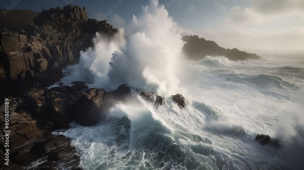 Fototapeta premium Raging Power: A Massive Tidal Wave Colliding with a Rocky Coastline, generative AI
