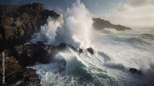 Raging Power: A Massive Tidal Wave Colliding with a Rocky Coastline, generative AI