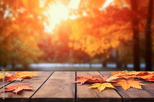 AI generative.  Background of autumn forest and old wooden deck table