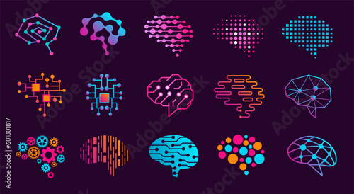 Human brain. Innovation thinking emblem, artificial Intelligence, neural engine and mind research vector icons set