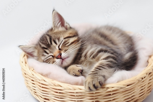 AI generative. Cute tabby kitten sleeping in a basket
