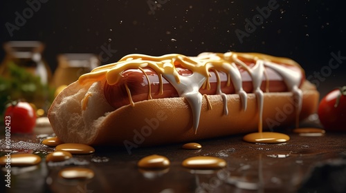 Delicious hot dog with ketchup and mayonnaise sauce, sausage, junk food delicacy, fast food generative ai photo