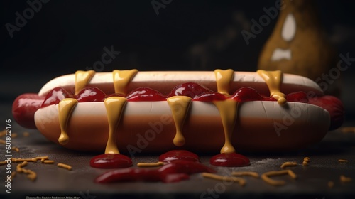 Delicious hot dog with ketchup and mayonnaise sauce, sausage, junk food delicacy, fast food generative ai
