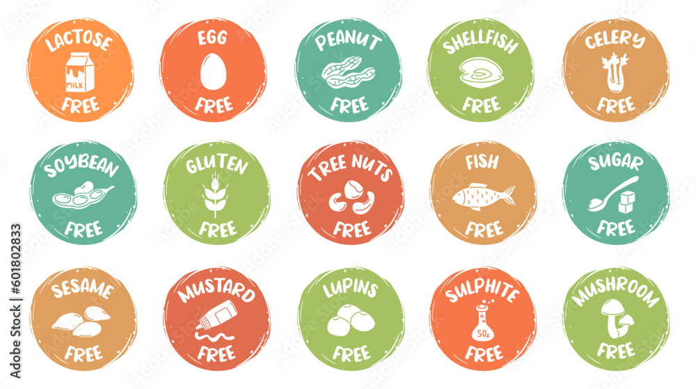 Hand drawn allergen free icons. Signs that food product is safe for people with allergies, no sugar, lactose and gluten badge stickers vector set - obrazy, fototapety, plakaty 