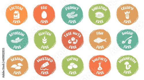 Hand drawn allergen free icons. Signs that food product is safe for people with allergies, no sugar, lactose and gluten badge stickers vector set