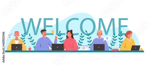 Welcome team. New worker or team member welcome word, new member celebration message banner vector illustration